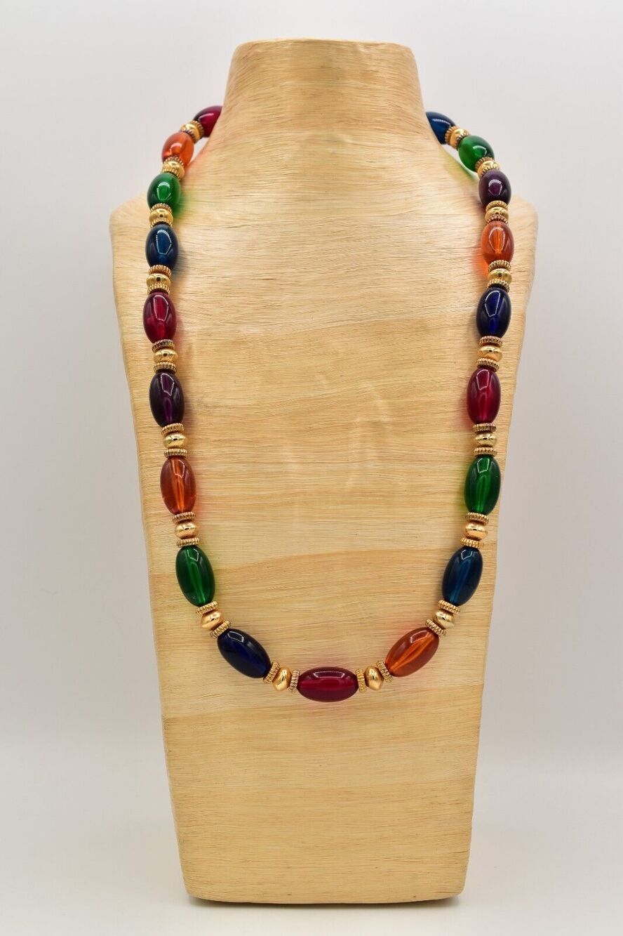 Vintage Beaded Necklace Jelly Belly Thick Lucite Gold Tone Chunky 1980s Bin3B